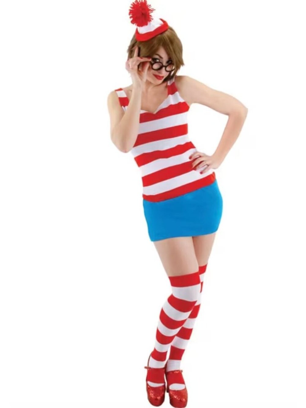 Where's Waldo Wenda Women's Costume With Dress Hat & Glasses Set - Plus Size Cos